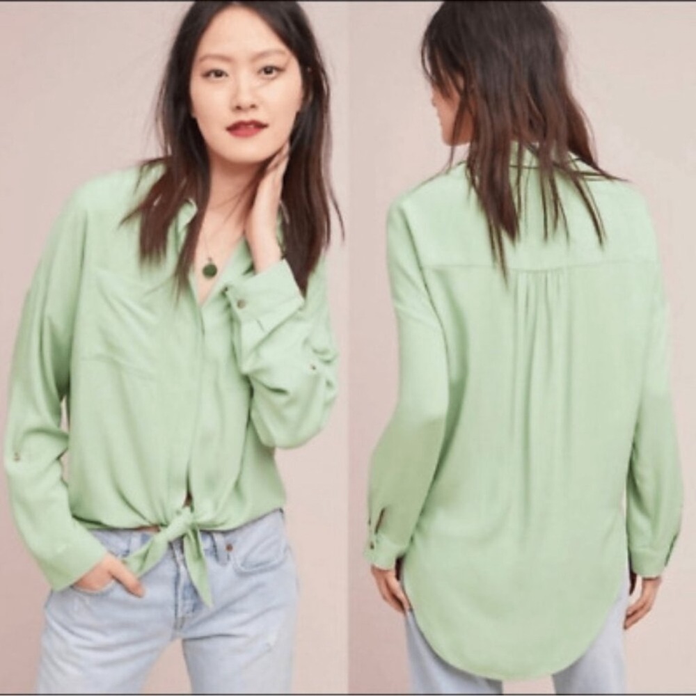 Maeve Anthropologie Sage Green Sandbridge Tie Front Shirt